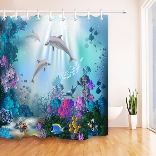 Dolphins And Corals Shower Curtain Underwater World Bathroom Waterproof Mildew Resistant Polyester Fabric for Kids Bathtub Decor