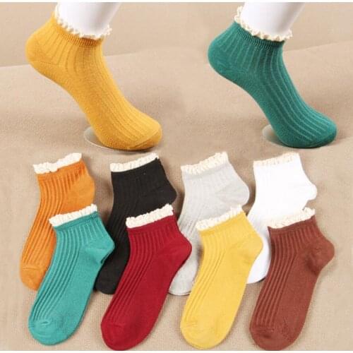 ZDL-154 Sweet Spring Summer Pure Color Cotton Lace Ruffles Women Lovely Double Needle Female Socks 10 Pairs