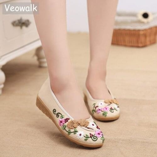 Veowalk Vintage Women Handmade Linen Cotton Slip On Flat Shoes Comfortable Ballerinas Breathable Ladies Flowers Ballets