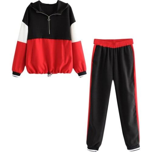 Set female 2019fashion stitching long-sleeved casual loose hooded dress elegant wild trousers temperament womens two-piece suit