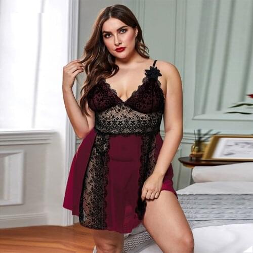 Plus Size Sexy Lace Sleepwear Night Dress Women Hollow Out V-neck Sleeveless Dress + Thong Female Nightwear Nightgown Set