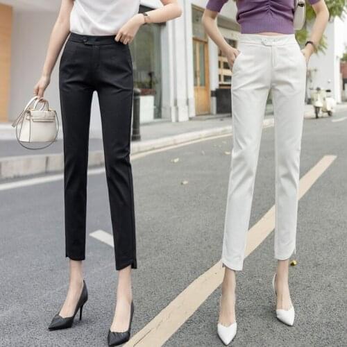 ZHOUTAYLOR Woman Pants Fashion High Waisted Calf-Length Bottoms Female Pockets Straight Office Lady Button Fly Femme Trousers