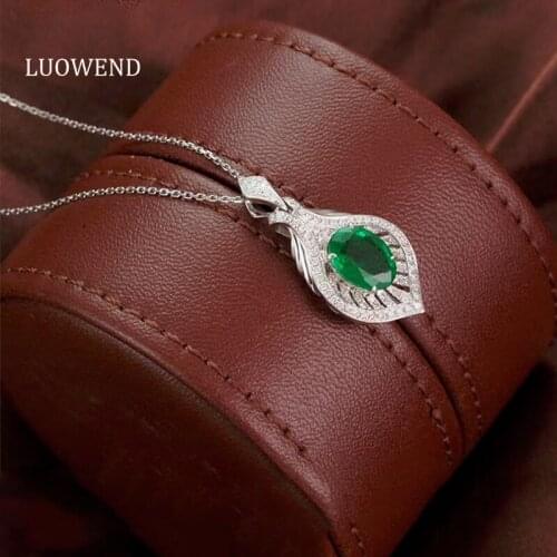 LUOWEND 18K Solid White Gold Pendant Necklace Gemstone Real Natural Emerald Diamond Women Engagement Necklace