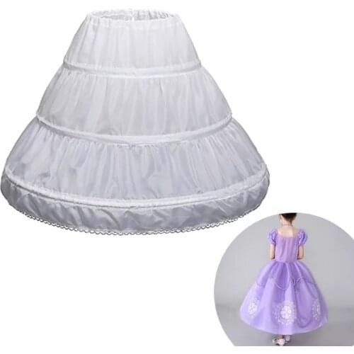 White White Children Petticoat A-Line 3 Hoops One Layer Kids Crinoline Lace Trim Flower Girl Dress Underskirt Elastic Waist Half