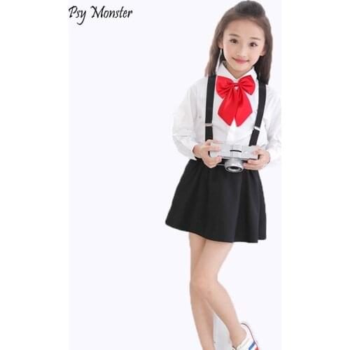 New Years Day Children Dress Skirt Set Students Host Flower Girl Strap Shirts Skirts Bowtie Outfits Kids Chorus School Uniforms