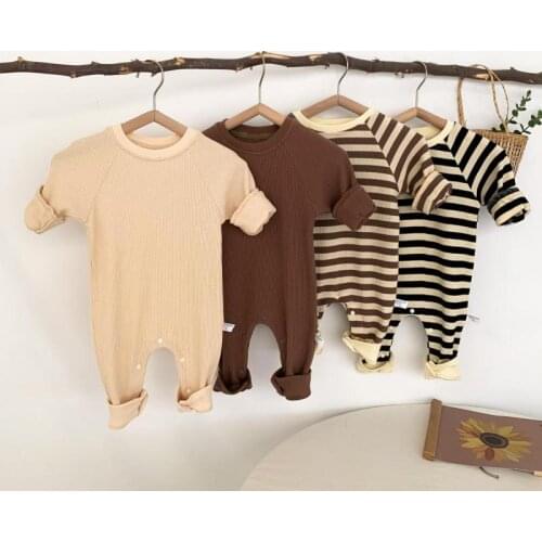 Ins Korean Children Clothes For Boys Autumn Striped Rompers Cotton Climbing Jumpsuits 0-12m Newborn Girls Infants O-neck Pajamas