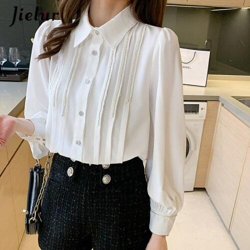 Jielur New White Fashion Womens Shirt S-XXL Lantern Sleeve Turn-down Collar Blouses Loose Diamonds Charming Elegant Ladies Tops