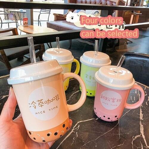Milk coffee mugs Creative Cartoon Ceramic Straw Cup With Lid Cute Student Personality Coffee Mugs Office Milk Tea Breakfast Cups