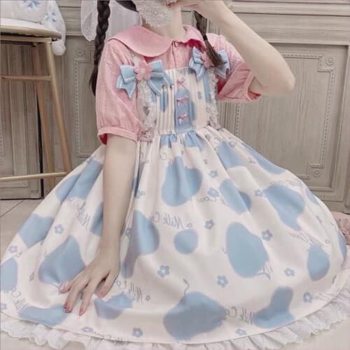 Blue Color Sweet Lolita Dress [Milk candy] Milk Pattern Bownknot Princess High Waist Jsk Cute Sleeveless Dress Summer