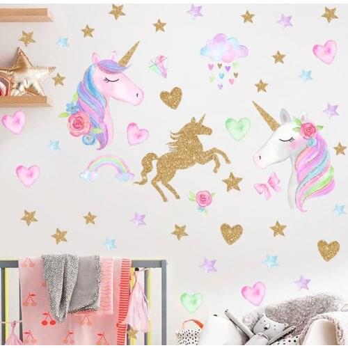 Cartoon Unicorn Horse Star Heart Shape Pattern Wall Stickers For Kids Room Home Decoration Diy Animal Mural Art Pvc Decal