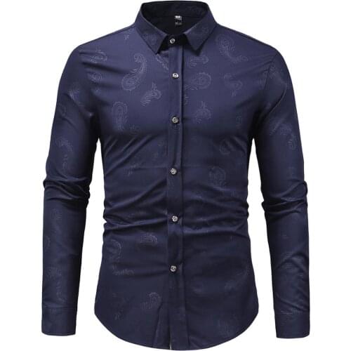 Mens Navy Paisley Shirt Slim Fit Long Sleeve Mens Dress Shirts Casual Button Down Business Social Shirt Men Camisa Masculina