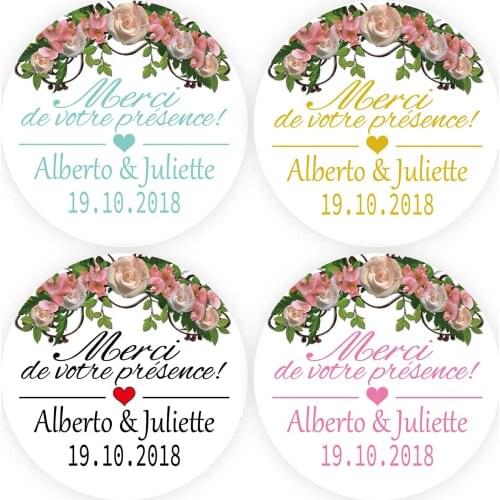 DouxArt 100 Pieces 4cm Stickers Personalized Wedding Favors - Merci de votre presence Dragees Mariage Baptism Communion Labels
