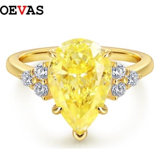 OEVAS 100% 925 Sterling Silver Yellow Water Drop High Carbon Diamond Rings For Women Sparkling Wedding Party Fine Jewelry Gift