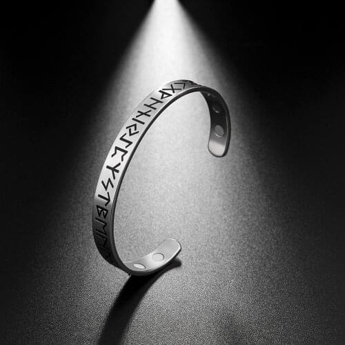 LIKGREAT Women Open Cuff Bangles Nordic Viking Rune Stainless Steel Magnetic Health Care Bangle Antique Vintage Jewely Bijoux