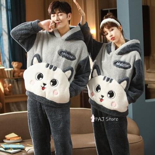 Couple Pajamas Winter Thick Warm Hood Set Sleepwear 2021 New Unisex Women Girls Flannel Cartoon Velvet Sweatshirt Home Clothes