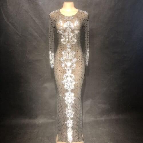 Luxury Crystal Black Mesh Perspective Long Dress Evening Prom Party Rhinestones Dresses Birthday Celebrate Outfit Stage Costume