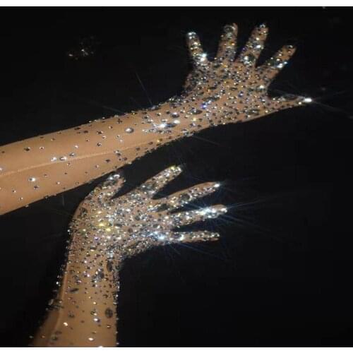 Luxurious Stretch Rhinestones Gloves Women Sparkly Crystal Mesh Long Gloves Dancer Singer Nightclub Dance Stage Show Accessories