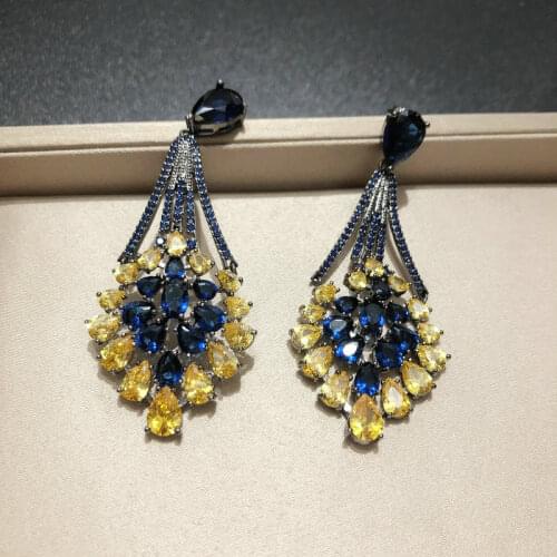 Bilincolor Cubic Zircon Royal Blue and Yellow Flower Luxury Earring for Women Gift
