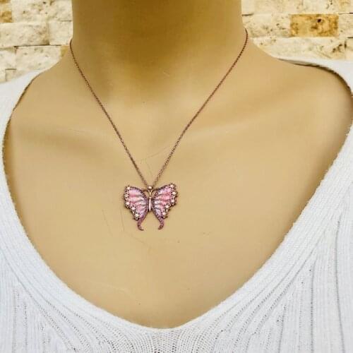 Pink Love Butterfly 925 Sterling Silver Necklace Women Girls Gift Jewelry Accessories Fashion Handmade Elegant Chain