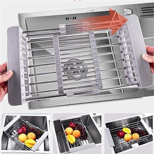 Stainless Steel Dish Drainer Adjustable Arms Holder Functional Kitchen Sink Organizer Vegetable Fruit Drying Dish Rack