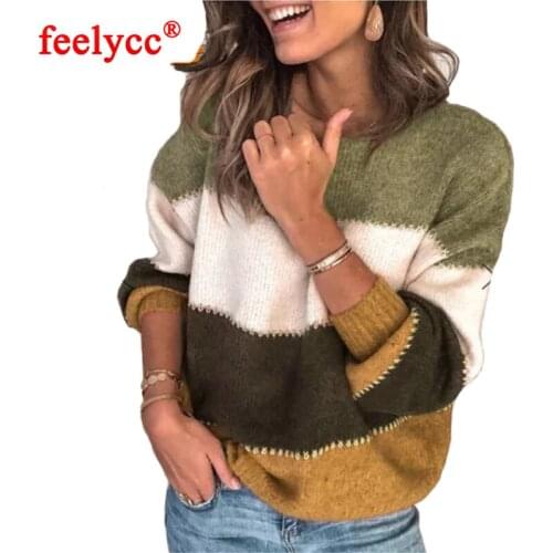 Fashion Women Striped Sweater Autumn Winter O Neck Long Sleeve Sweater Loose Knit Pullover Patchwork pull femme jersey mujer