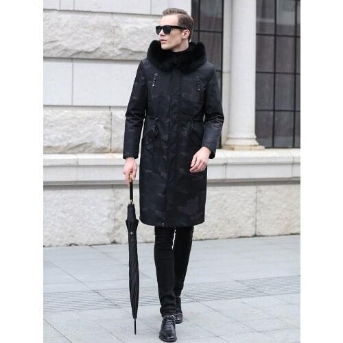 Trench Coat Men Real Rex Rabbit Liner Long Coat Men Winter Warm Silver Fox Fur Collar Hooded Parka New Fashion Long Parka