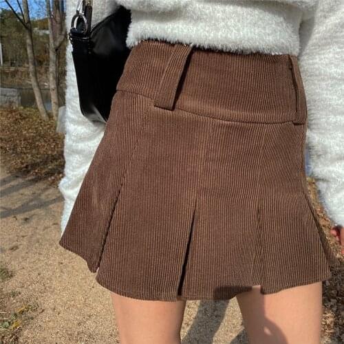 Vintage Corduroy Pleated Skirts Womens 90s Y2K Aesthetic School Girl Mini Skirt High Waist Cute Clothes Brown /Black Newly