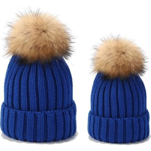 2Pcs Parent-Child Ribbed Knitted Beanie Hat Set Mother Baby Family Winter Pom Pom Warmer Solid Color Cuffed Skull Cap