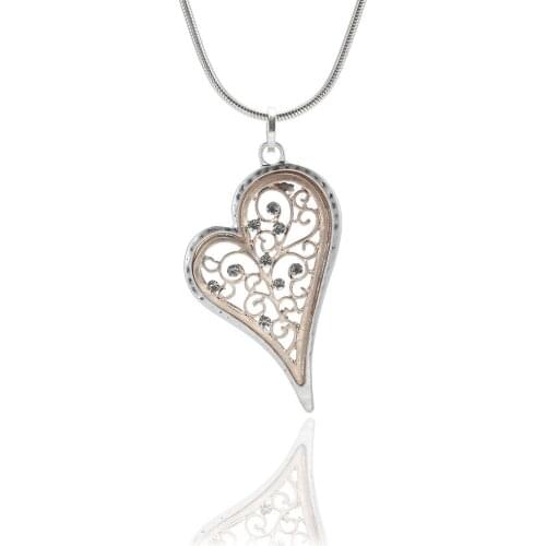 Hollow Out Peach Heart Love Pendant Necklace Crystal Rhinestone Long Chain Jewellery Women
