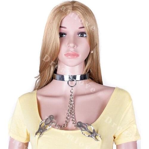 Stainless Steel Neck Bondage Restraint Choker Collar with Clover Nipple Clamps Breast Tits Play SexToy