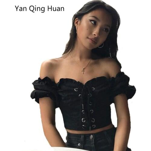 Yan Qing Huan Summer New Strap Design Word Collar Tops Ultra Short Womens Fashion Shirring Halter Dew Navel Street Slim T-shirt