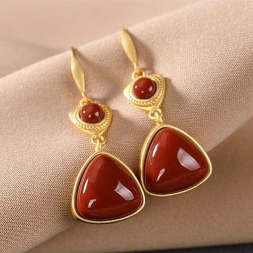 S925 Sterling Silver Natural Hetian Jade White Jade Gray Jade Red Agate Earrings Unique Geometric Womens Earrings Ear Rings