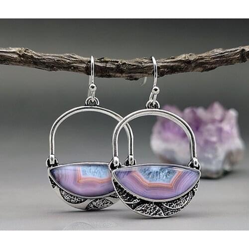 Vintage Purple Stone Statement Dangle Earrings Ladies Tribal Hollow Lock Shaped Hook Earrings Pendientes Bijoux 2021