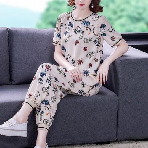 2021 Summer Womens Casual Sports Two-piece Fashion Print Short Sleeve Top + Loose Pants Two-piece Female Plus Size 4XL Suit