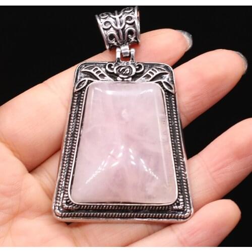 Charms Natural Stone Pink Quartz Retro Alloy Abalone Shell Trapezoid Pendant for Women Jewelry Making DIY Necklace Gift 50x80mm