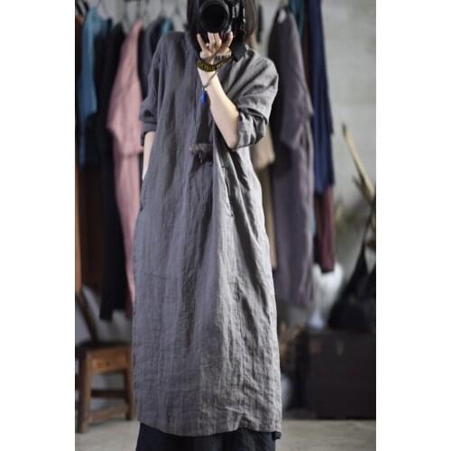 Vintage O Neck Embroidery Dress For Womens Autumn Linen Pleated Solid Color Casual Loose Long Sleeve Retro Dress Vestido Longo