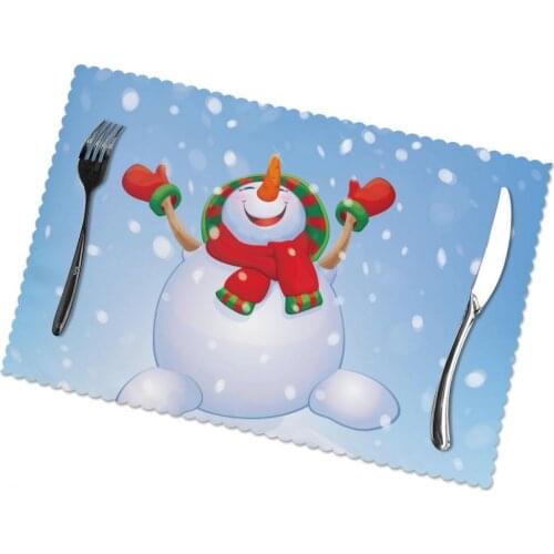 6 PCS Placemat Table Mat Happy Xmas Snowman And Snowfall For Tables Heat-insulation Linen Kitchen Dining Pads