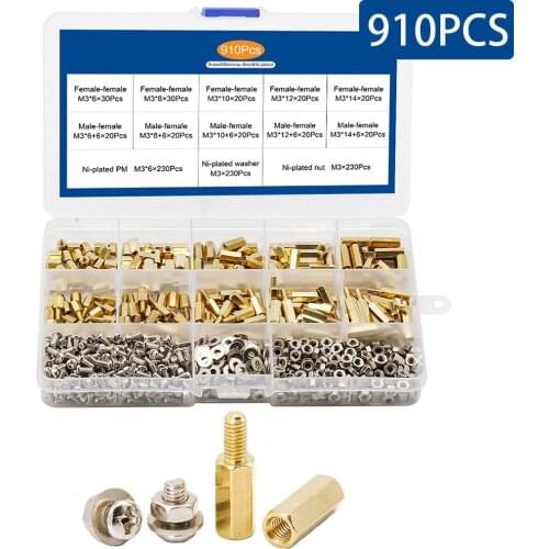 910PCS/Box M3 Male Female Hex Brass Standoff Spacer With Pan Head Screw Nut Washer Assortment Kit For PCB Motherboard Standoff