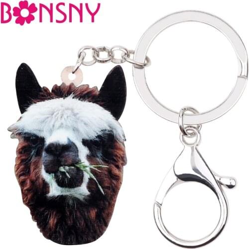 Bonsny Acrylic Eating Grass Alpaca Key Chains Keychains Rings Cute Wild Animal Jewelry For Women Girl Bag Car Charms Gift Bijoux