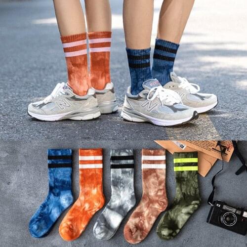 Cotton socks mens autumn and winter high tube socks childrens flat tie dyed socks middle tube Street parallel bars cotton sock