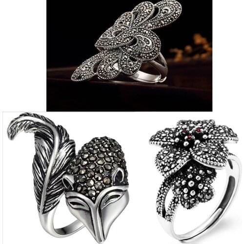 Retro Thai Peacock Feather Wings Fox Leaf Tail Rhinestone Flower Rings Animal Indian Style Jewelry For Women Wedding Ring