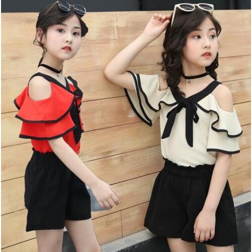 2pcs Summer Girls Clothes Outfits Backless Shoulderless Straps Tops Shorts Clothing Set ensemble fille For 6 8 10 12 14 Years
