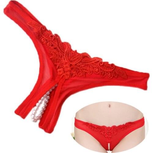 Lace Transparent Panties For Sex Women Open Crotch Thongs And G Strings With Pearl Massage Female Erotic Underwear Sexy Lingerie