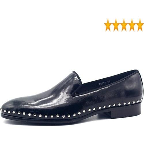 Loafers Leather Brand Handmade Genuine Black Slip On Rivet Formal Dress Men Summer British Pointed Toe Office Flats Shoes
