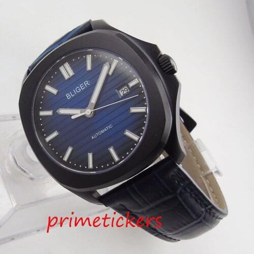 Blue dial PVD coated case automatic mens watch simple luxury 39mm BLIGER date sapphire glass leather strap