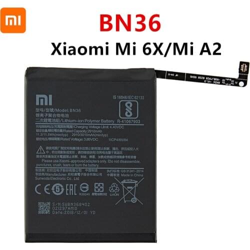 Xiao mi 100% Orginal BN36 3010mAh Battery For Xiaomi Mi 6X Mi6X Mi A2 MiA2 BN36 High Quality Phone Replacement Batteries