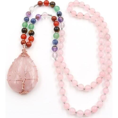 Water Drop Rose Gold Color Wire Wrap Rose Pink Quartz Pendant Long Beads Chain Necklace Labradorite Stone Jewelry