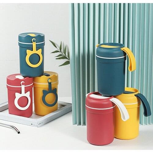 Portable Plastic Milk Coffee Cup Kids Water Bottle Double Layers Breakfast Food Container Leak-Proof Soup Cup With Spoon
