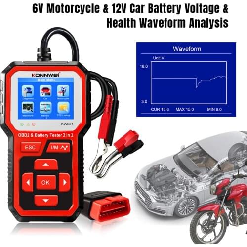 KONNWEI KW681 Car&Motrocycle Battery Tester & OBDII Diagnostic Scanner Tool 2 in 1 Support Dropshipping