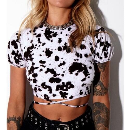 Womens Fashion Printed Striped Crop Tops Sexy 2021 Backless Hollow Lace-Up Bandage Slim Shirt Short Sleeve O-Neck Wild T-Shirt